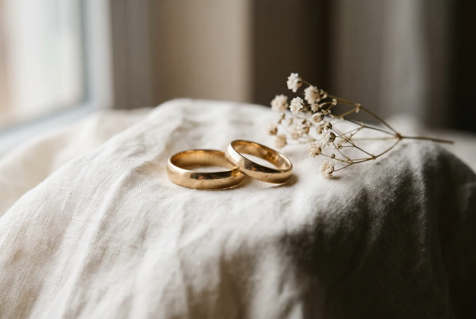 Dos anillos de oro sobre seda color marfil junto a una rama de nube seca