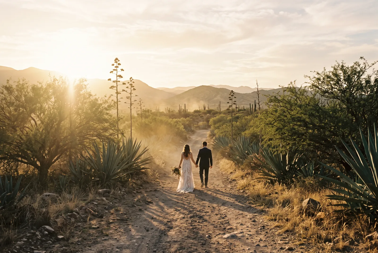 Novios caminando de espaldas por un sendero entre agaves con el sol bajo de fondo