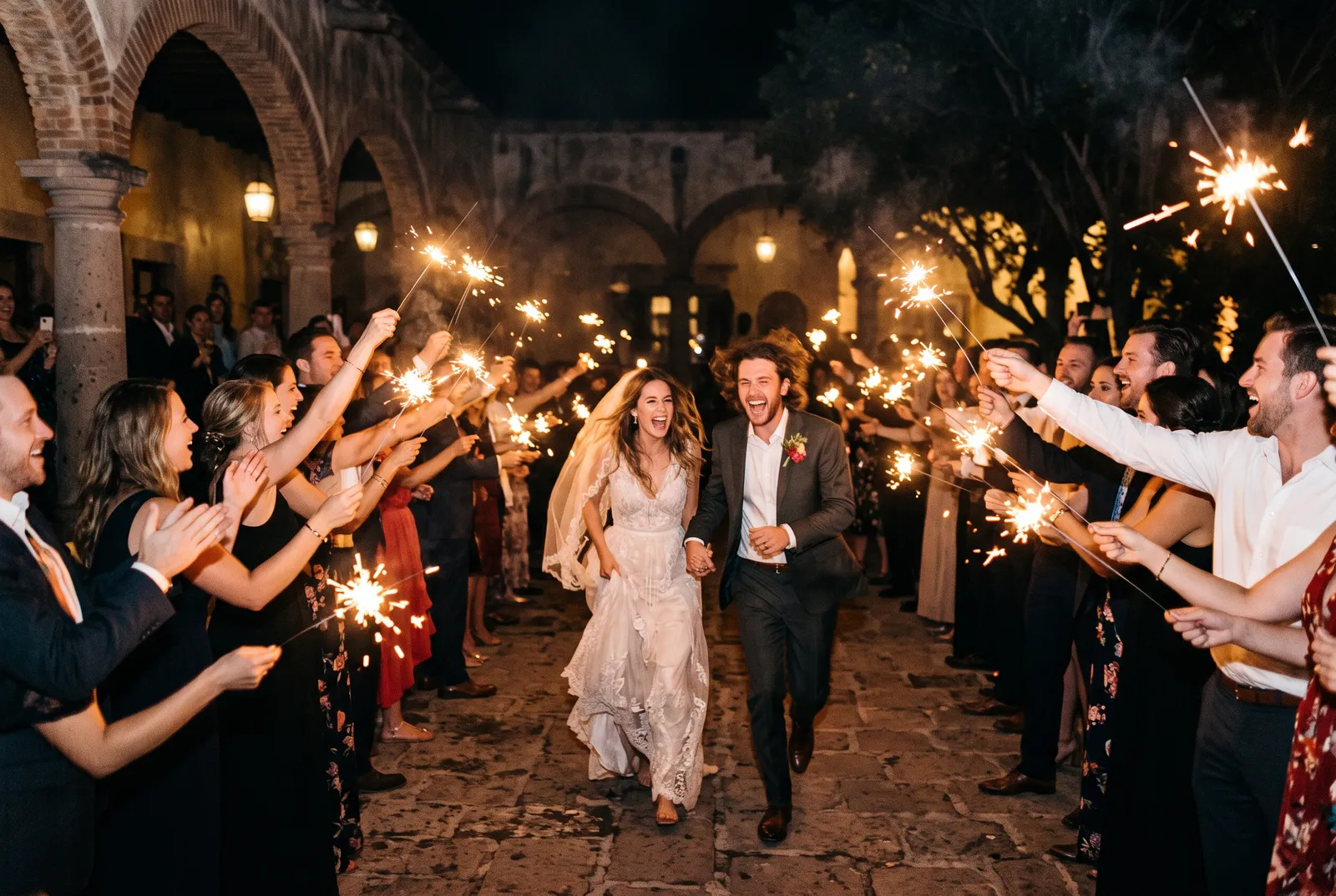 Novios corriendo entre un túnel de invitados con luces de bengala por la noche