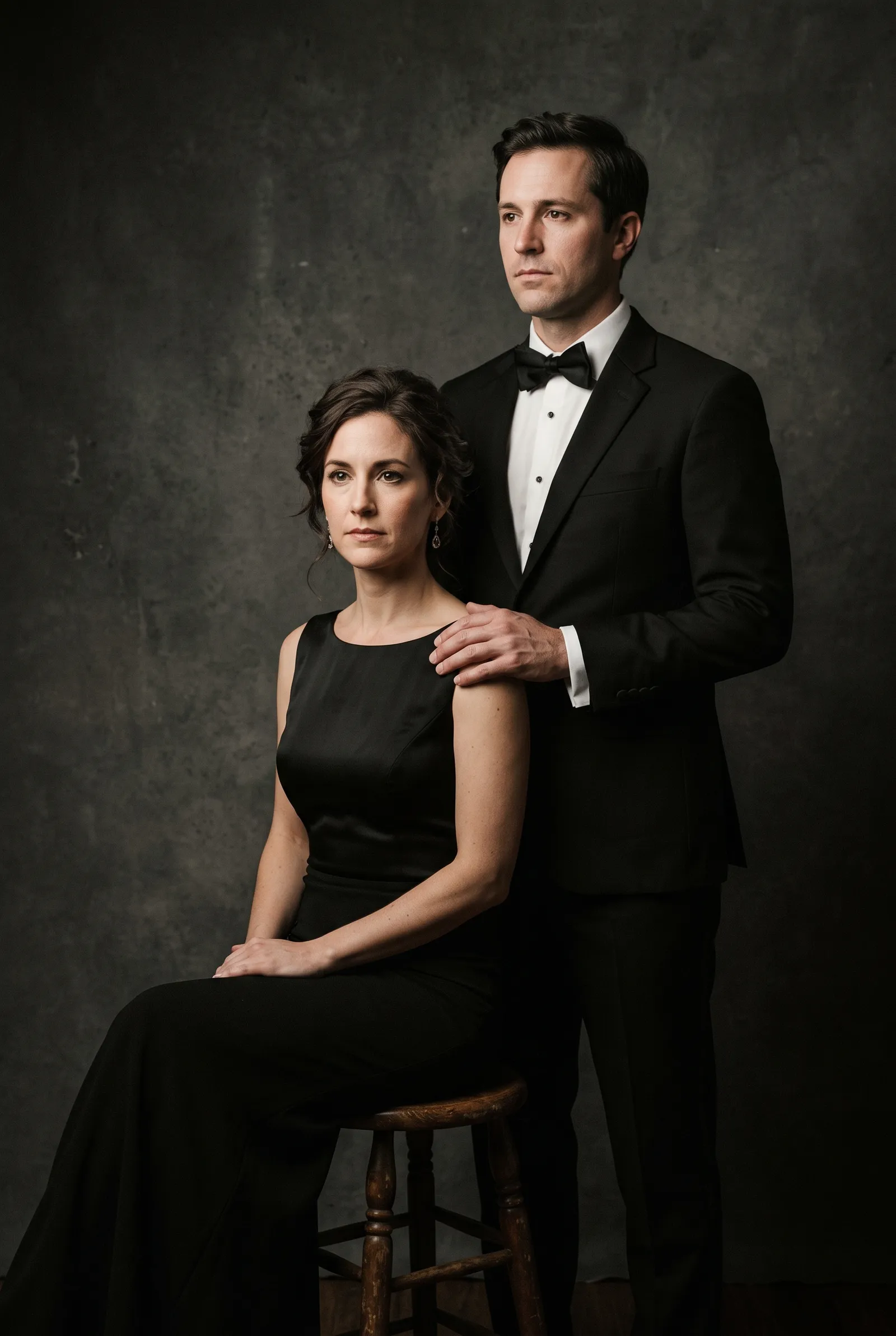 Retrato de estudio en clave baja de una pareja en atuendo formal sobre fondo gris texturizado