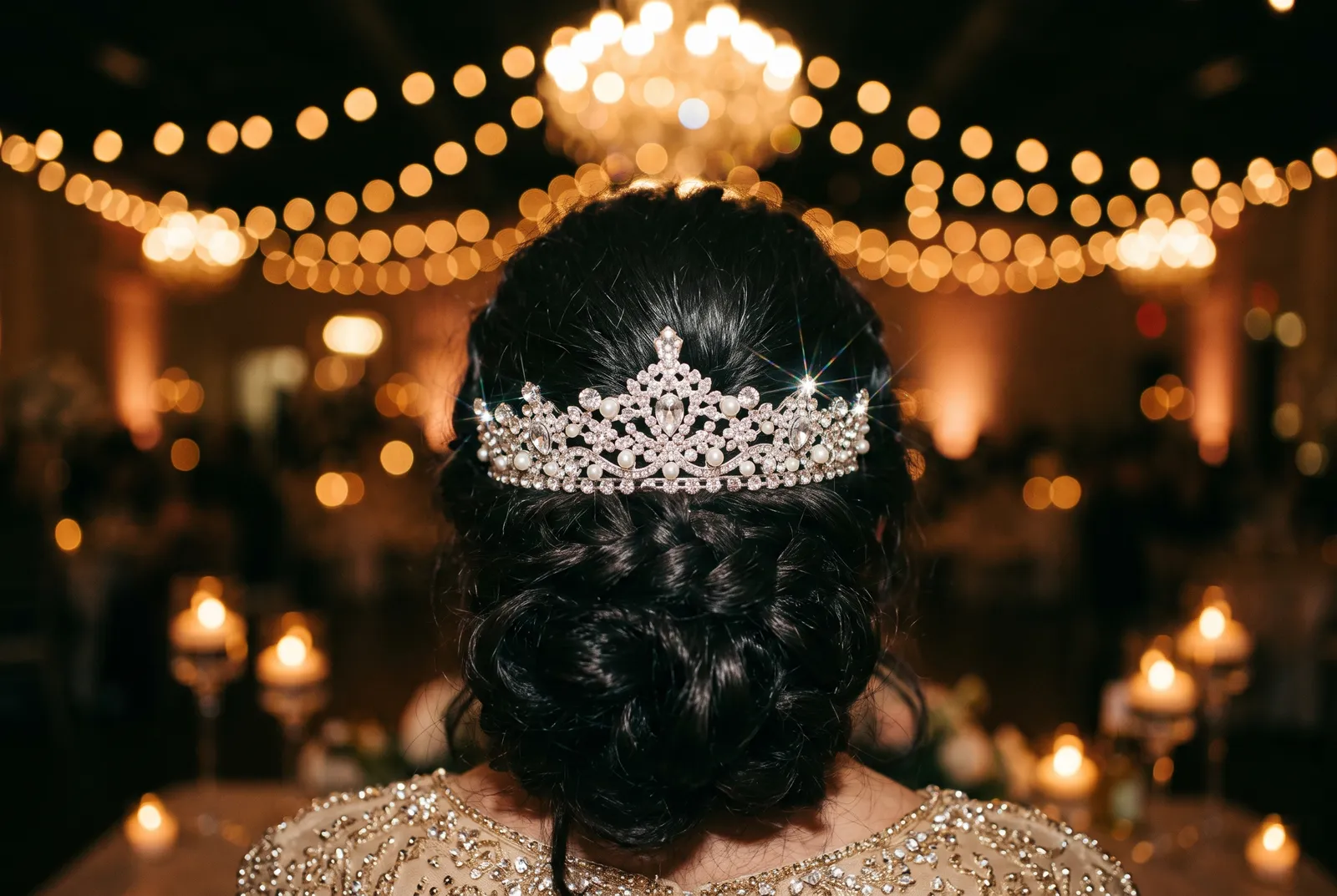 Detalle de una tiara de cristales sobre el cabello de la quinceañera
