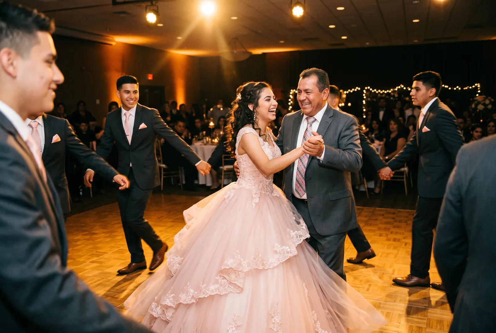 Vals de quinceañera con su padre rodeados de chambelanes en la pista de baile